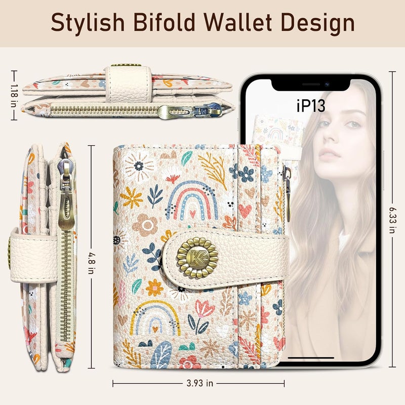 Kelvoris Rainbow Flower Floral Small Rfid Women Wallet Bifold Zipper Coin Pocket PU Leather Compact Cash Credit Card Holder Travel Wallet for Female Ladies Teen Girls 1 ID Window 10 Card Slots - Image 5